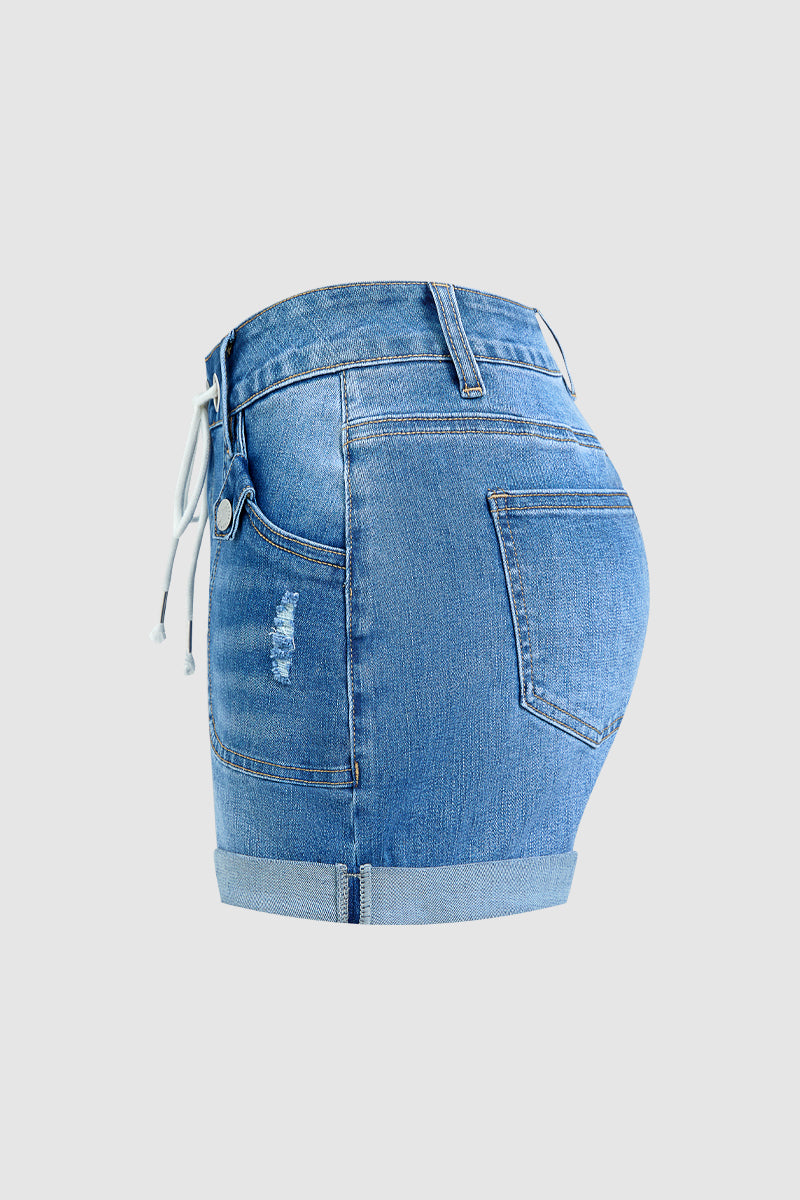 Wash Ripped Roll Hem Drawstring Mid Rise Denim Shorts