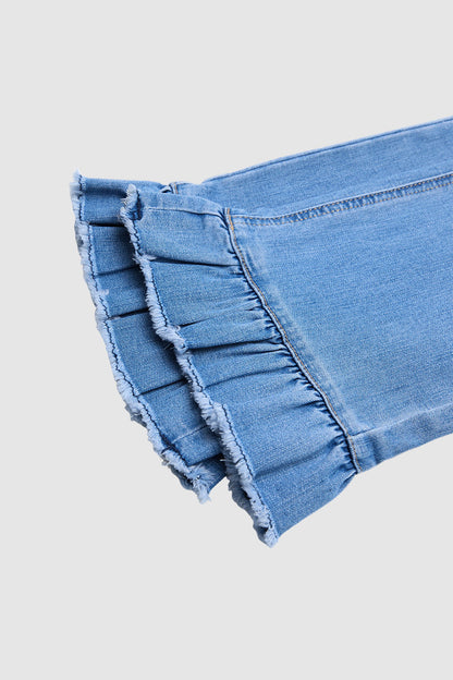 Raw Hem Ruffle Mid Waist Straight Leg Cropped Jeans
