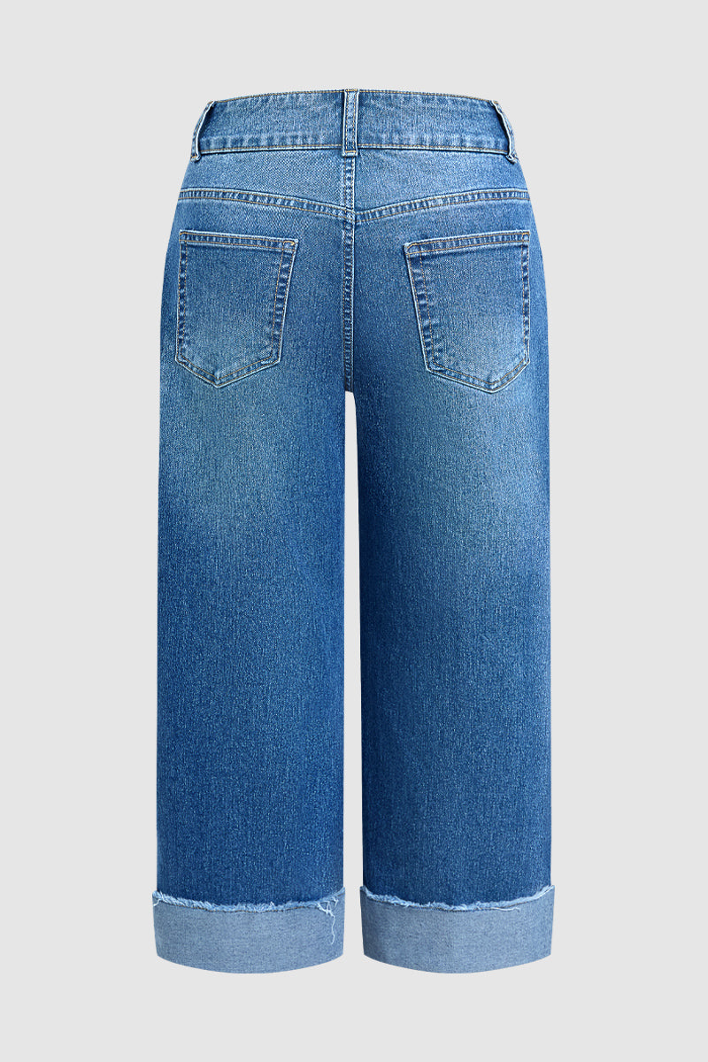 Raw Hem Stitch Detail Mid Waist Straight Leg Crop Jeans