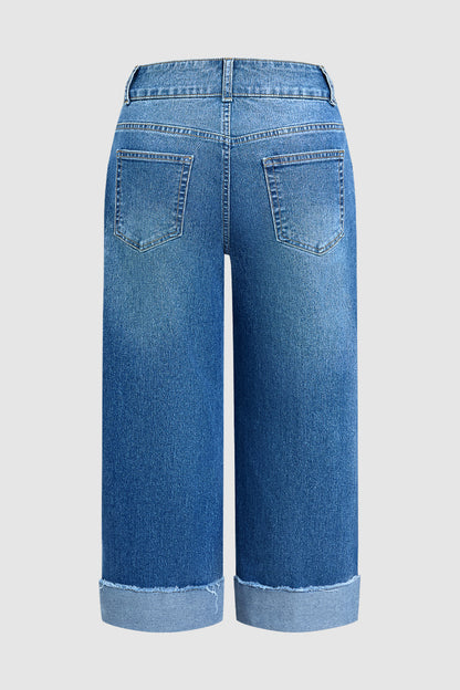 Raw Hem Stitch Detail Mid Waist Straight Leg Crop Jeans