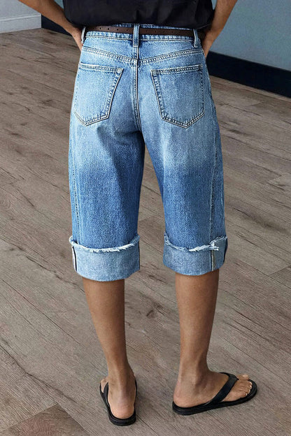 Seam Front Raw Hem High Rise Denim Bermuda Shorts Without Belt