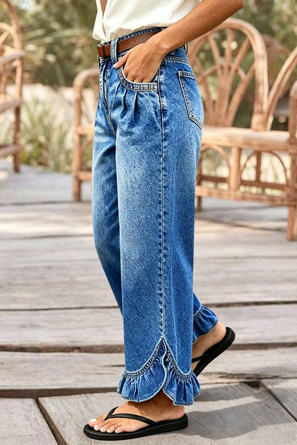 Wash Ruffle Split Hem High Waist Wide Leg Jeans Without Belt