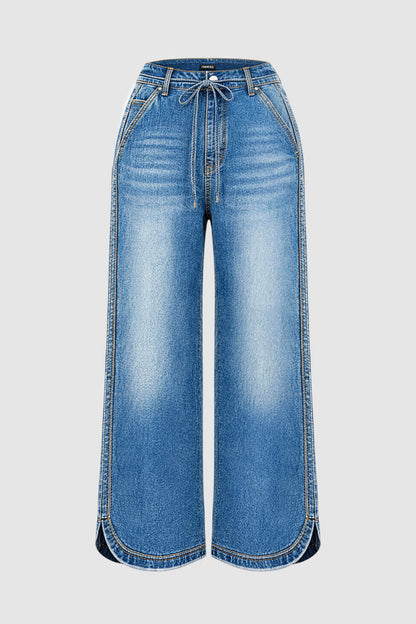 Wash Raw Hem Drawstring Split Mid Waist Wide Leg Jeans
