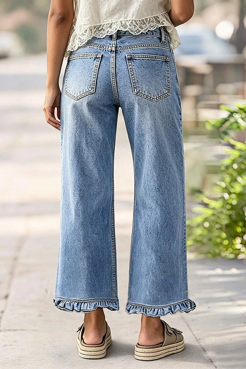 Wash Split Ruffle Hem Mid Waist Wide Leg Cropped Jeans