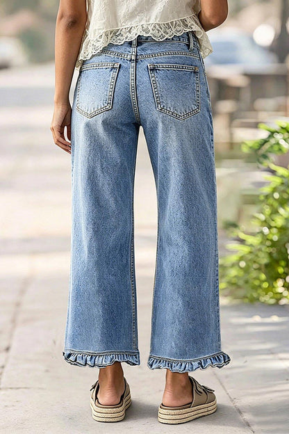 Wash Split Ruffle Hem Mid Waist Wide Leg Cropped Jeans