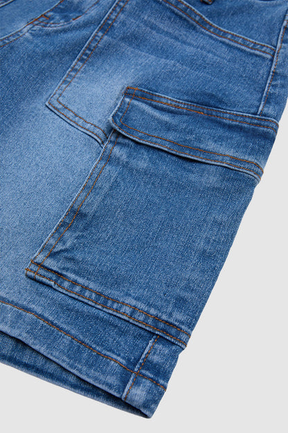 Wash Flap Pocket Drawstring High Rise Mid Thigh Denim Shorts