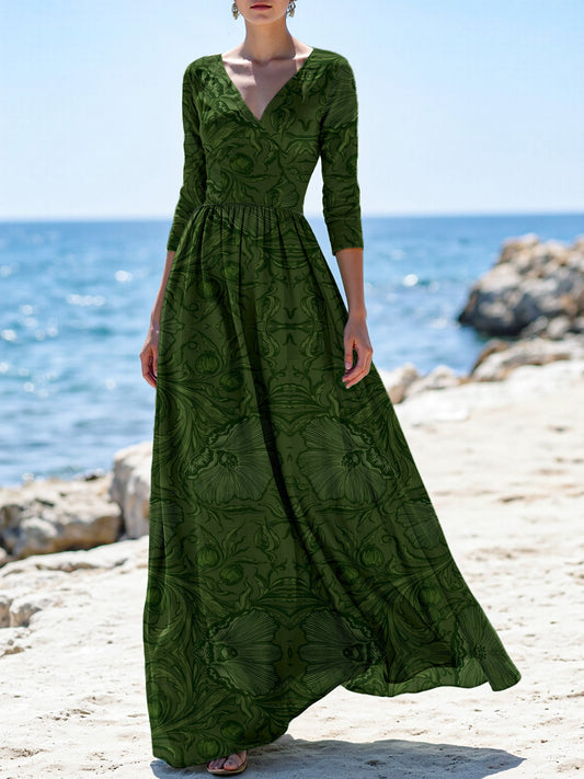 Robe longue en lin, Manches mi-longues, Col en V, Fleurie, Vacances, Vintage, Vert foncé
