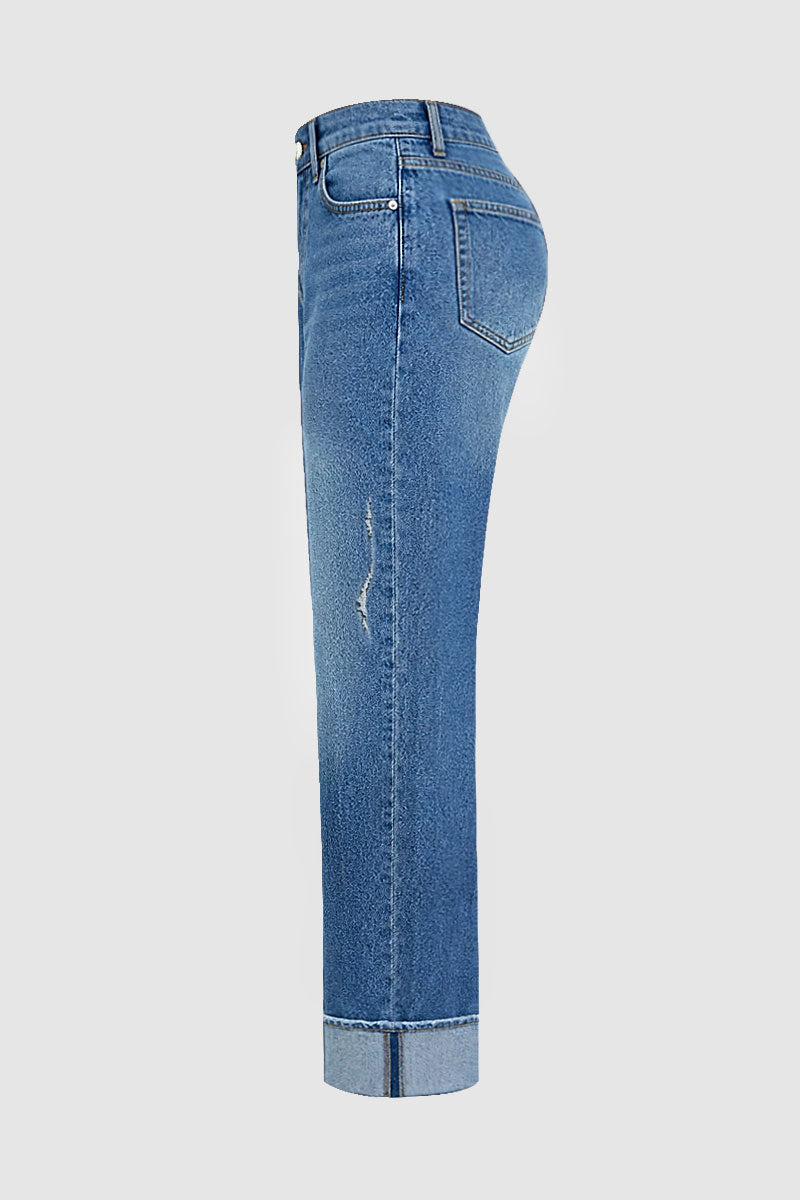 Wash Ripped Roll Hem Mid Waist Straight Leg Jeans