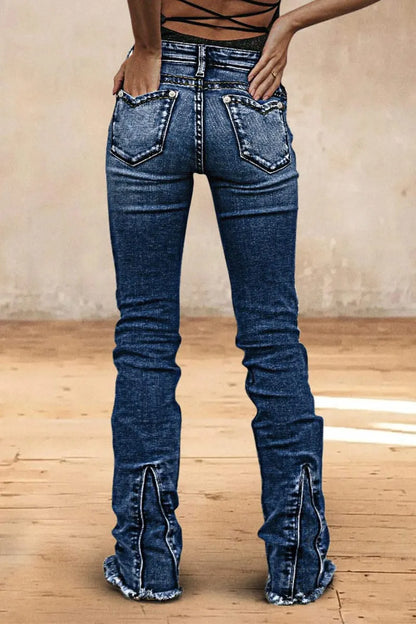Wash Raw Hem V Cut Pocket Mid Rise Bootcut Jeans