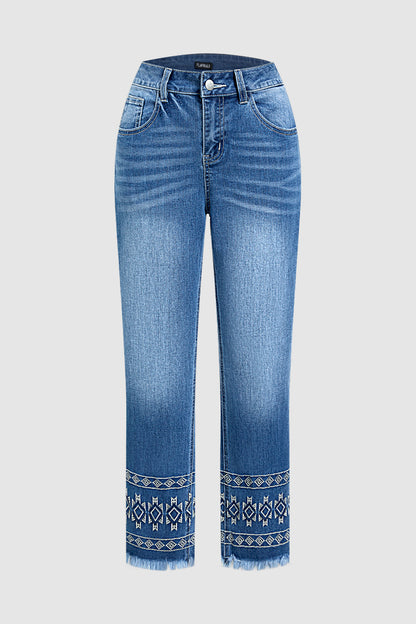 Wash Geo Embroidery Raw Hem Mid Waist Straight Leg Jeans Without Belt