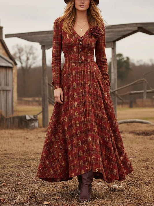 Robe longue en lin, manches longues, col en V, à carreaux, boutonnée, style vintage, rouge