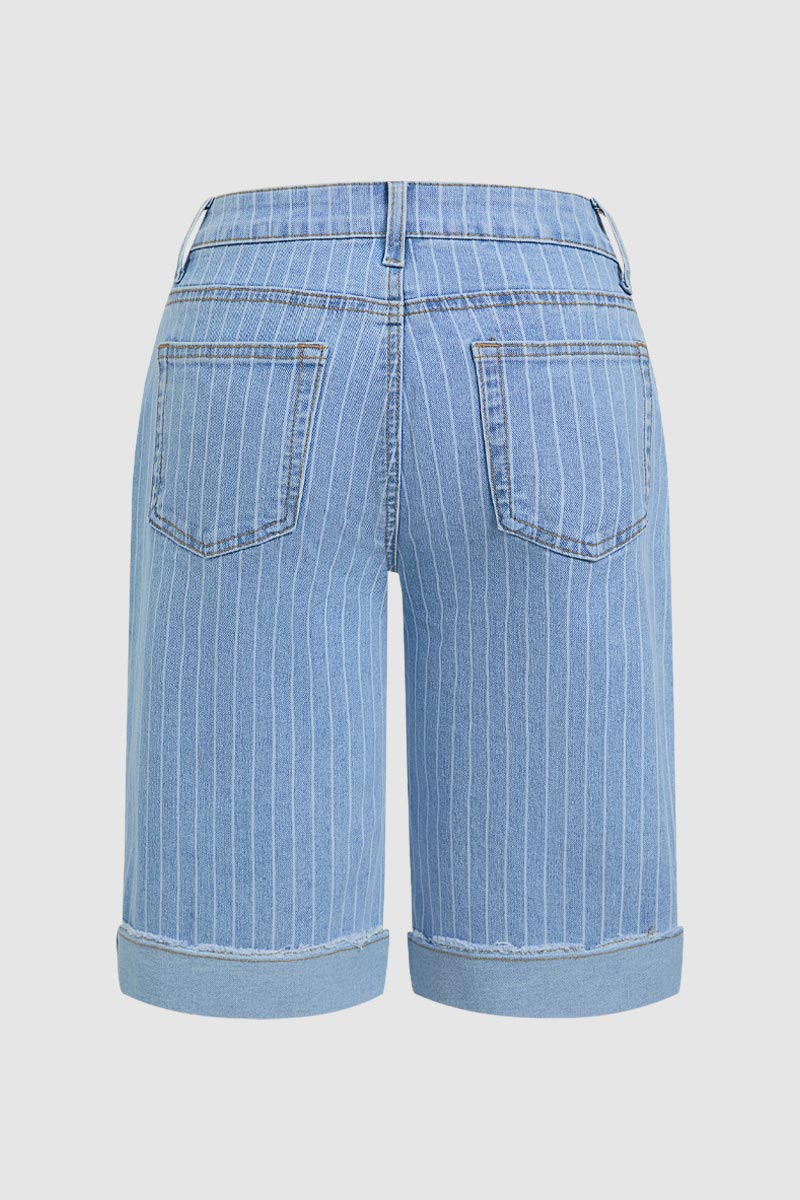 Pinstriped Raw Hem Seam Detail High Waist Denim Bermuda Shorts Without Belt
