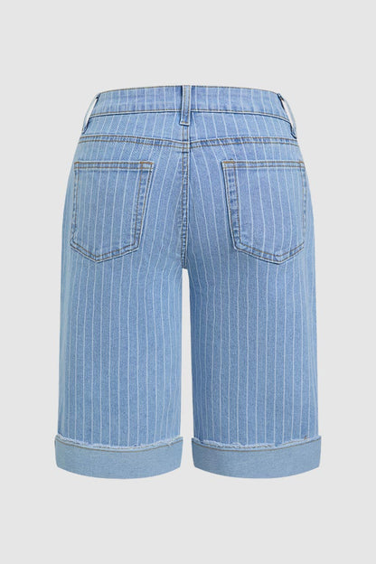 Pinstriped Raw Hem Seam Detail High Waist Denim Bermuda Shorts Without Belt