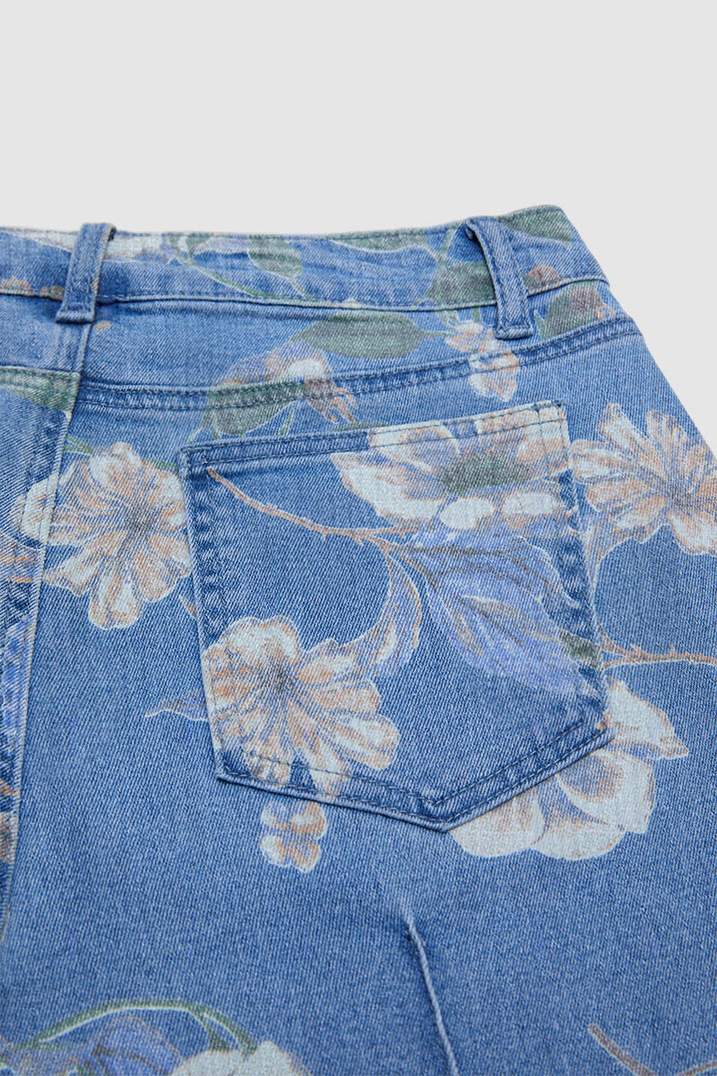 Floral Print Seam Front Mid Waist Denim Bermuda Shorts