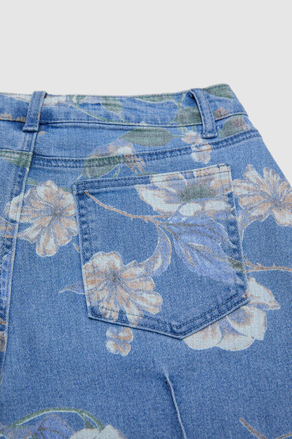 Floral Print Seam Front Mid Waist Denim Bermuda Shorts