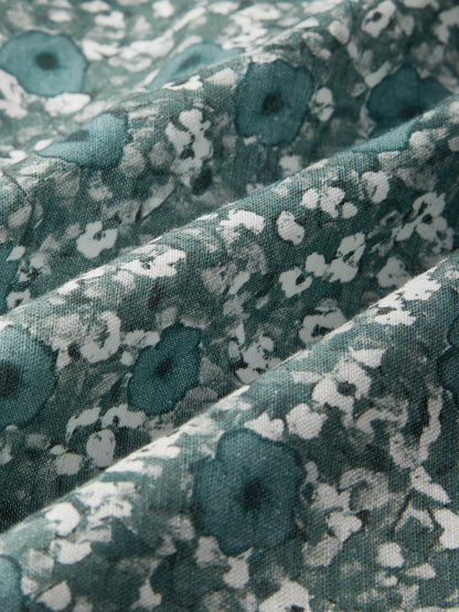 Robe longue en lin, manches longues, col en V, motif floral, boutonnée, style vintage, verte