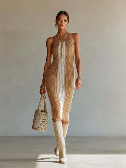 Chic Holiday Camel-Beige Vertical Stripe Camisole Slim-Fit Openwork Knit Midi Dress
