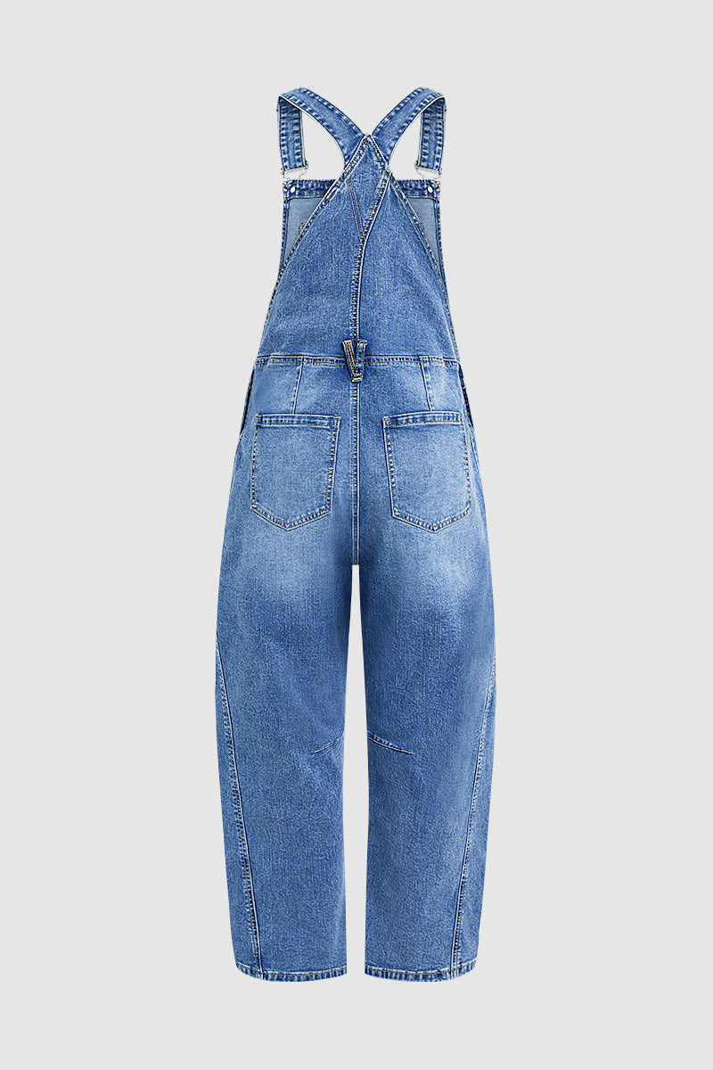 Patched Stitch Detail Barrel Leg Denim Overalls