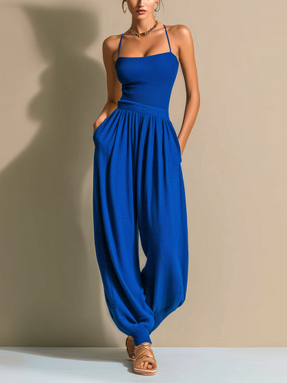 Chic Elegant Royal Blue Sleeveless Thin Straps Slim-Fit Camisole Loose Lantern Pants Knit Two-Piece Set