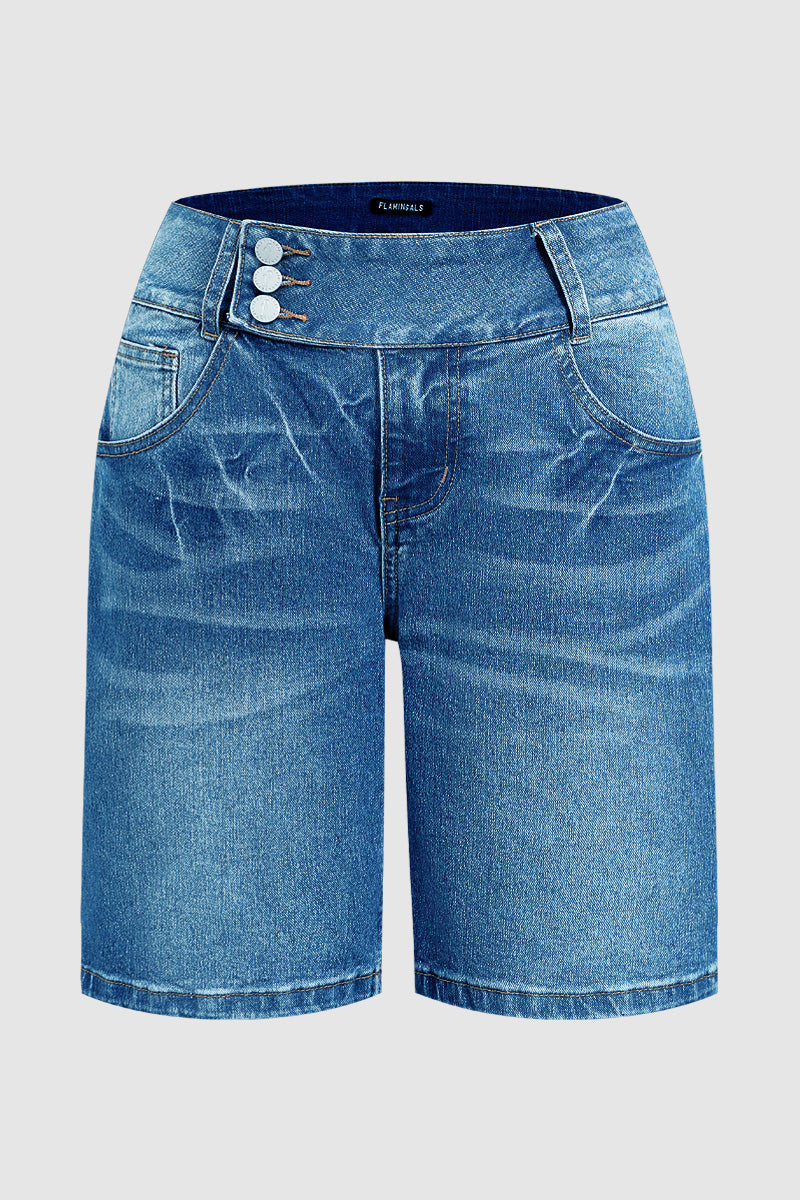 Asymmetrical Button Fly Mid Waist Denim Mid Thigh Shorts