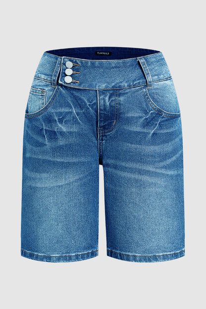 Asymmetrical Button Fly Mid Waist Denim Mid Thigh Shorts