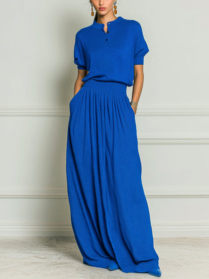 Chic Elegant Royal Blue Henley Neck Short-Sleeve Loose-Fit Sweater A-Line Maxi Skirt Knit Two-Piece Set