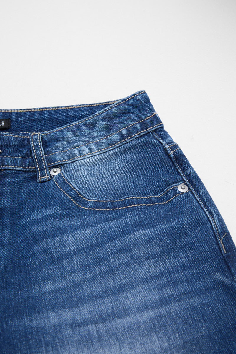 Wash Floral Embroidery Roll Hem Mid Rise Denim Bermuda Shorts