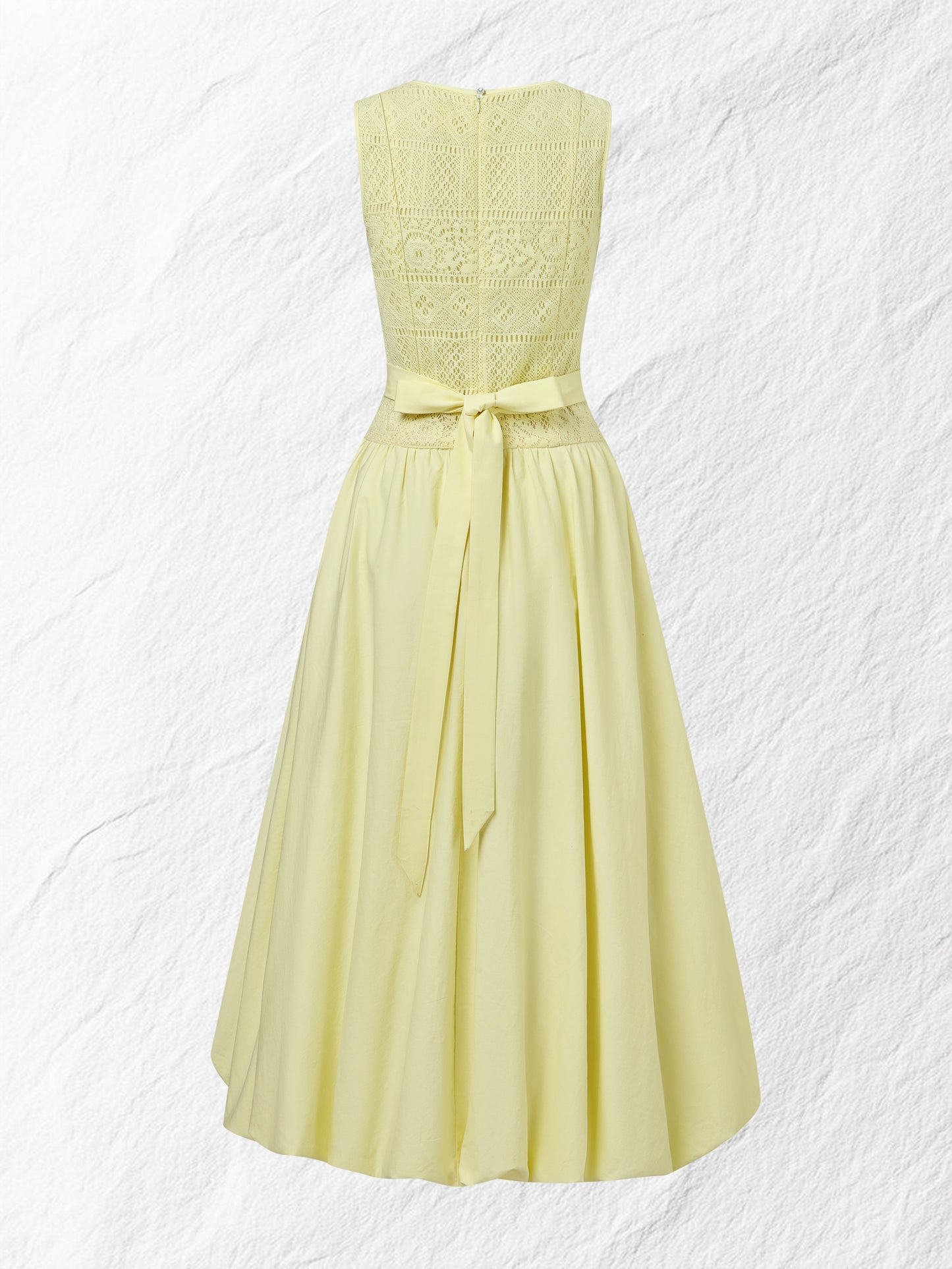 Robe Midi en Coton, Sans Manches, Col Rond, Unie, Dentelle, Vintage Français, Jaune Clair