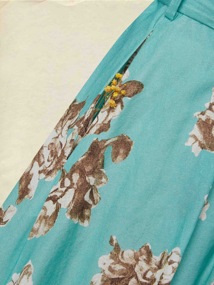 Robe midi en lin, manches courtes, col carré, motif floral, ceinture, vacances, style vintage, cyan