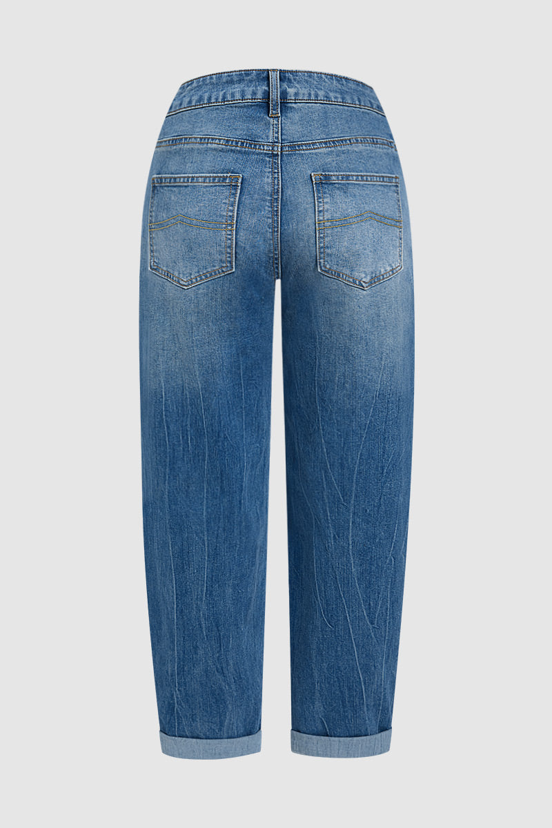 Wash Patch Pocket Dual Button Mid Rise Barrel Leg Crop Jeans