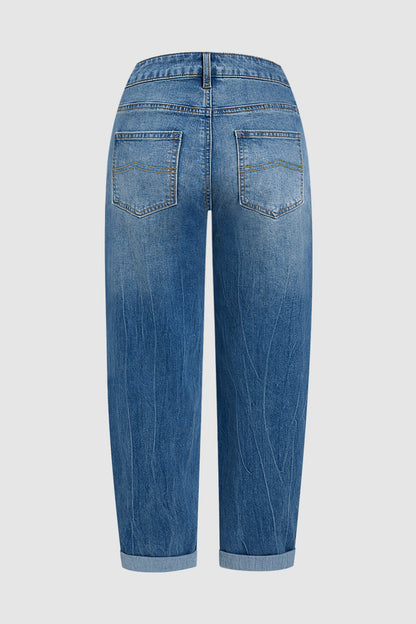 Wash Patch Pocket Dual Button Mid Rise Barrel Leg Crop Jeans