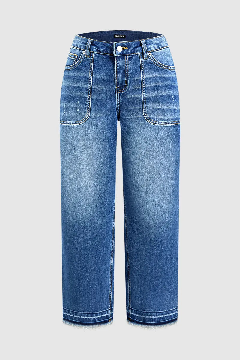 Wash Ripped Raw Hem Mid Rise Straight Leg Crop Jeans