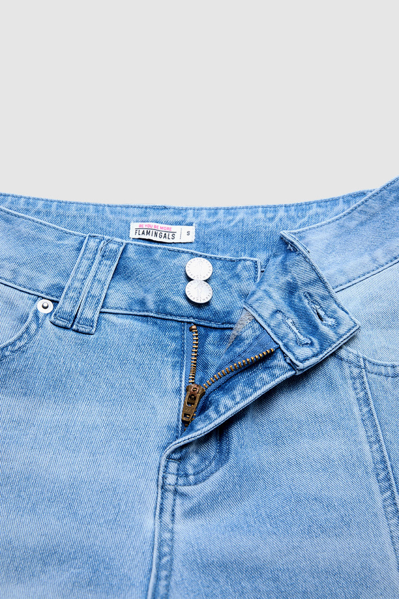 Wash Side Split Ripped Detail Mid Waist Wide Leg Cropped Jeans