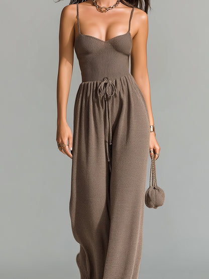 Chic Elegant Brown V-Neck Sleeveless Thin Straps Tailored Waist Wide-Leg Ribbed Knit Jumpsuit