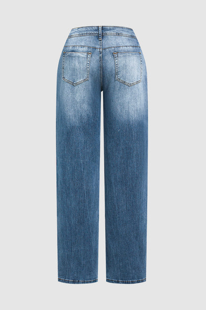 Wash Stretchy Mid Waist Straight Leg Jeans
