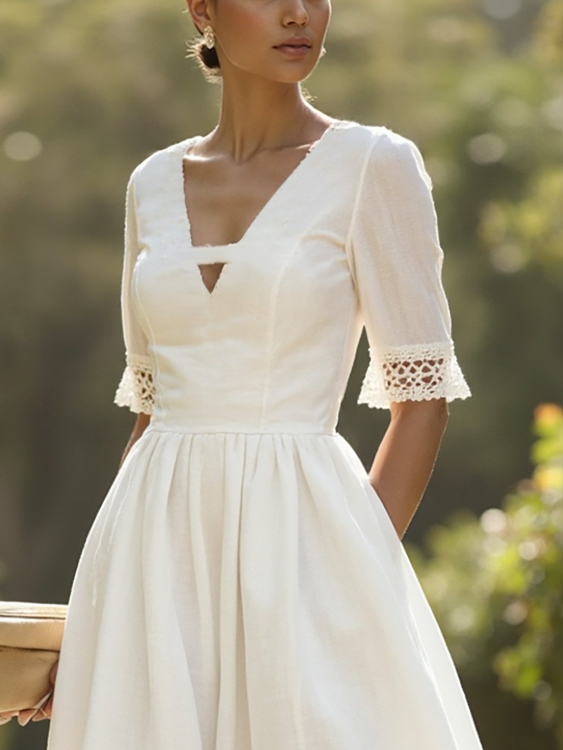 Robe Midi en Lin, Manches Courtes, Col V, Unie, Dentelle, Style Vintage Français, Blanche