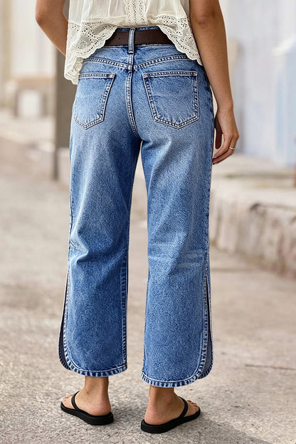 Wash Side Split Hem Detail Mid Waist Wide Leg Cropped Jeans Without Belt