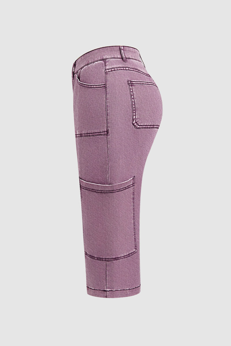 Stitch Detail Side Pocket Mid Waist Straight Leg Capri Pants Without Belt