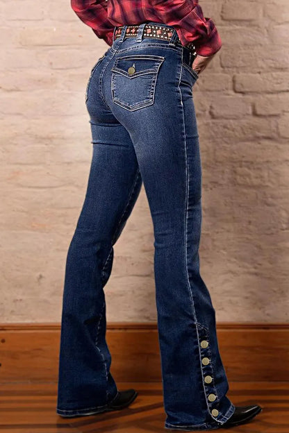 Wash Mid Waist Buttoned Hem Bootcut Jeans Without Belt