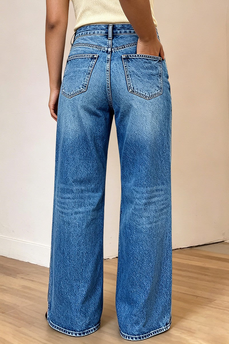 Wash Seam Side Split Hem High Rise Wide Leg Jeans