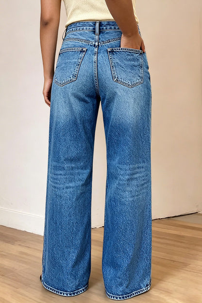 Wash Seam Side Split Hem High Rise Wide Leg Jeans