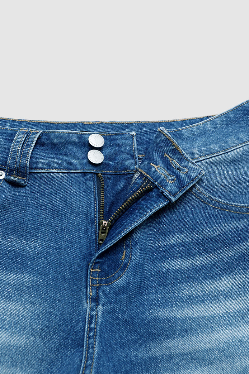 Wash Split Studded Mid Waist Denim Shorts