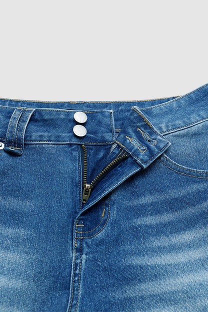 Wash Split Studded Mid Waist Denim Shorts