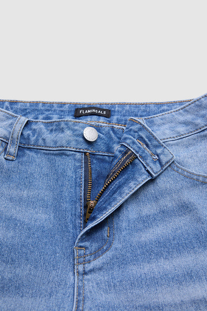 Wash Side Split Hem Detail Mid Waist Wide Leg Cropped Jeans Without Belt