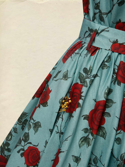 Robe longue en lin, manches longues, col en V, motif floral, ceinture, style vintage, verte