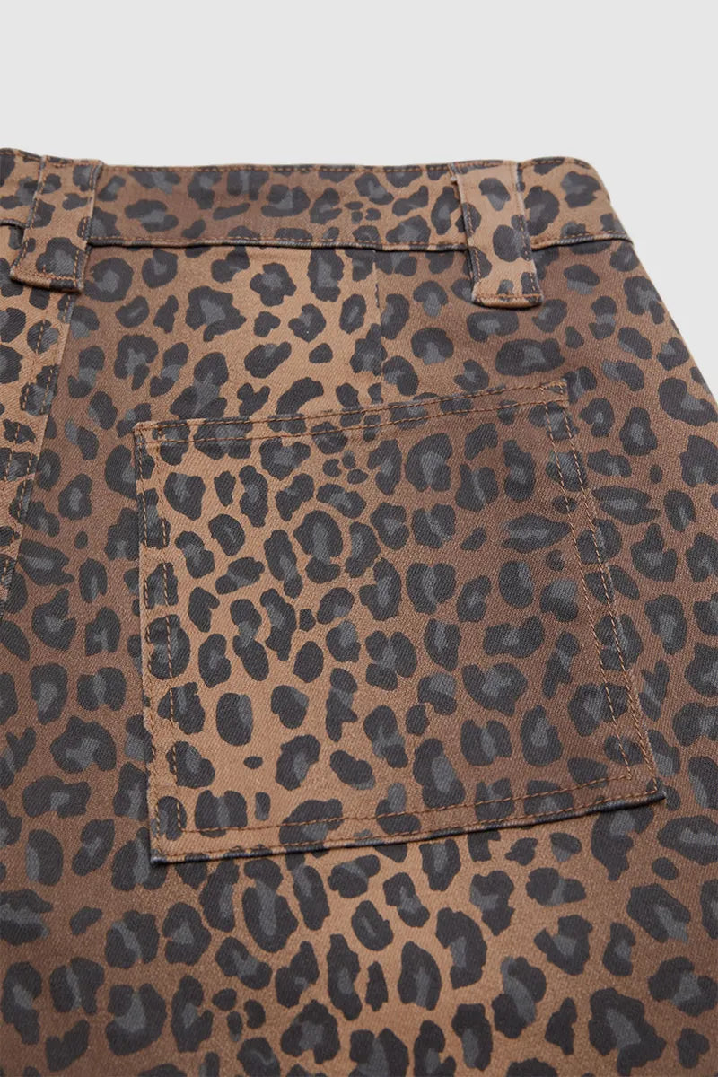Leopard Print Flap Pocket High Waist Tapered Cargo Crop Pants Without Belt