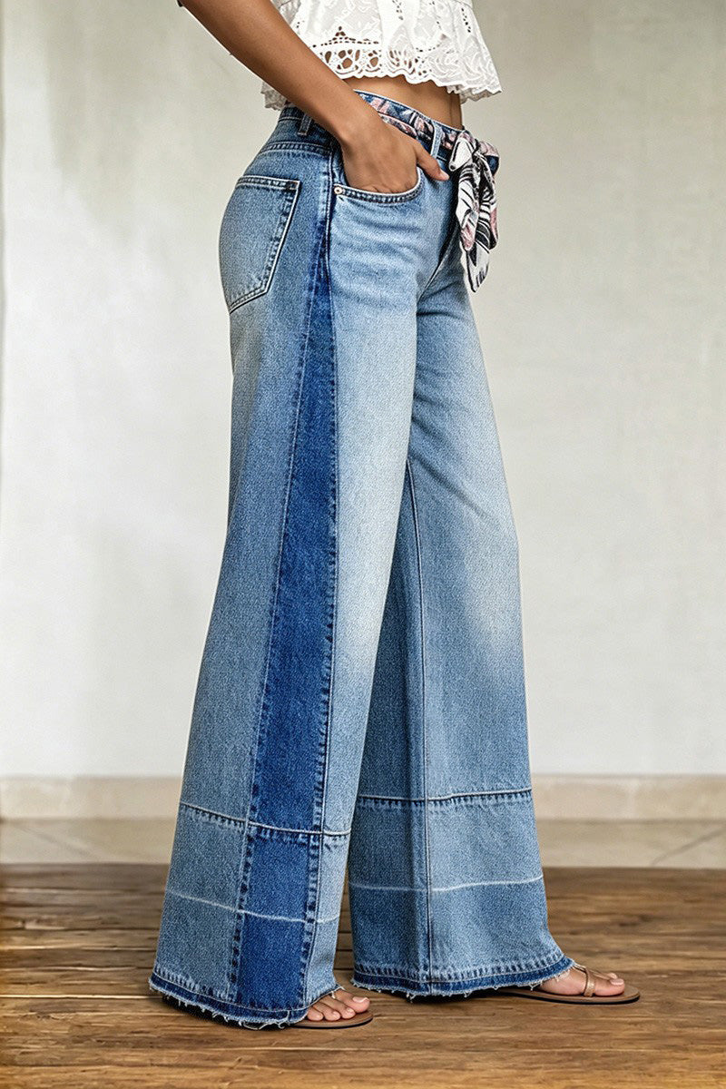 Cut & Sew Raw Hem Mid Rise Wide Leg Jeans Without Belt