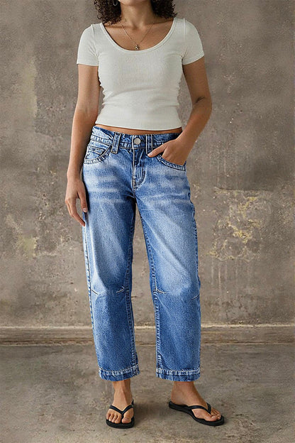 Stitch Detail Mid Waist Straight Leg Crop Jeans