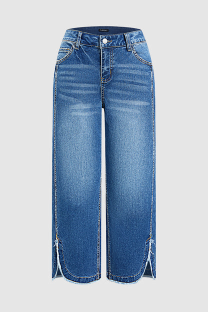 Wash Raw Hem Split Mid Waist Wide Leg Cropped Jeans Without Belt
