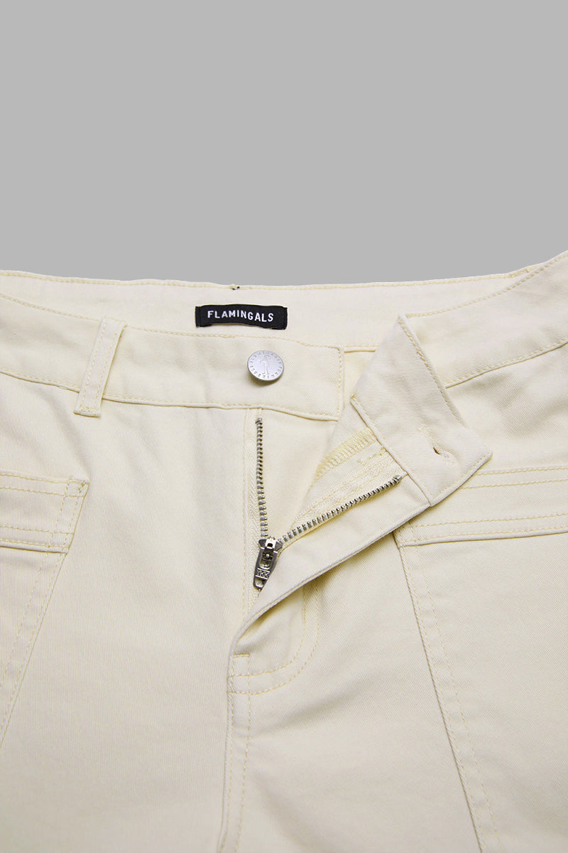 Solid Patch Pocket Ruffle Hem Mid Waist Wide Leg Pants